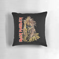 Iron Maiden skeleton pillow with a brick wall background