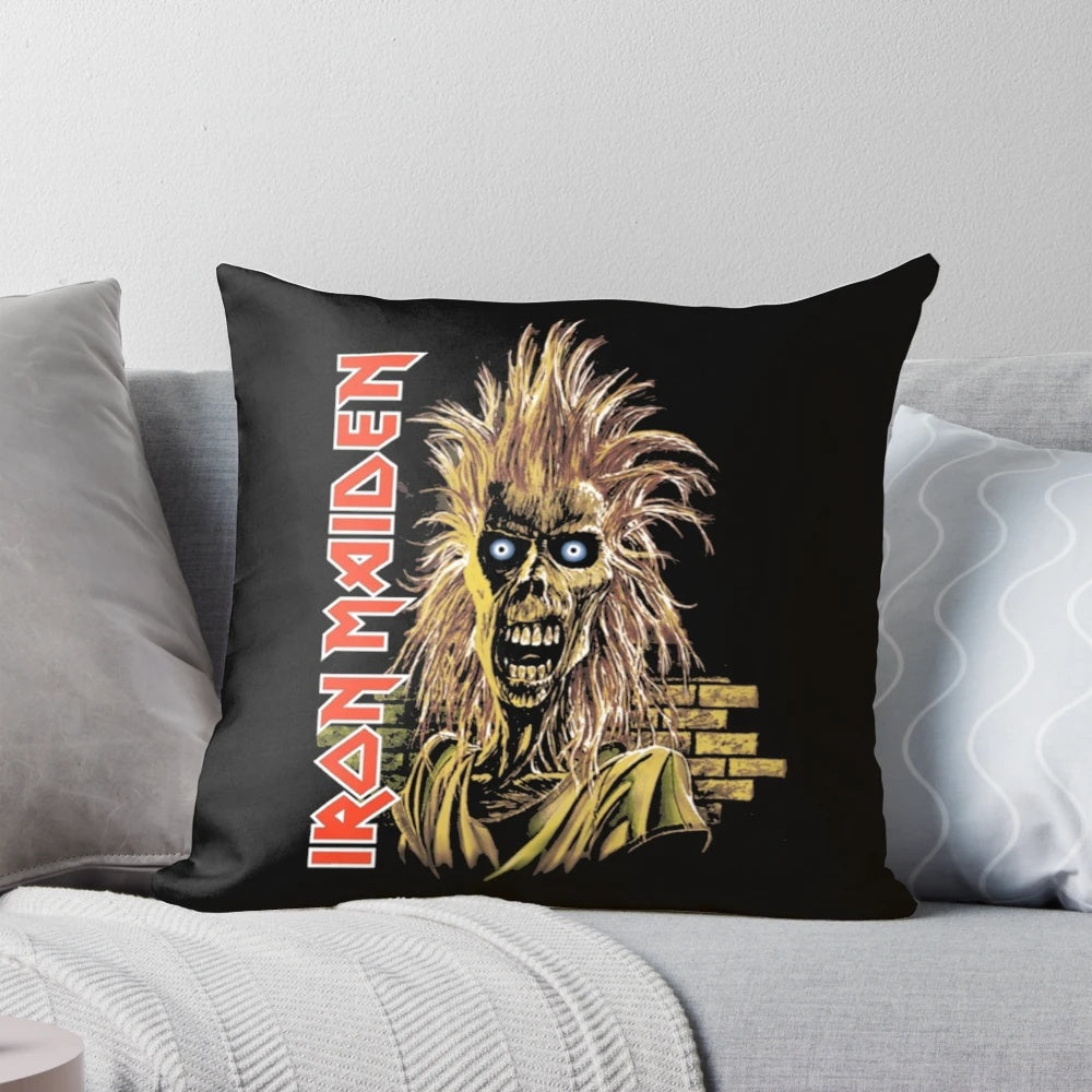 Iron Maiden skeleton pillow with a brick wall background