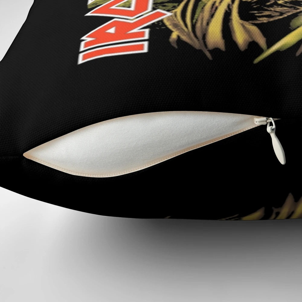 Iron Maiden skeleton pillow with a brick wall background