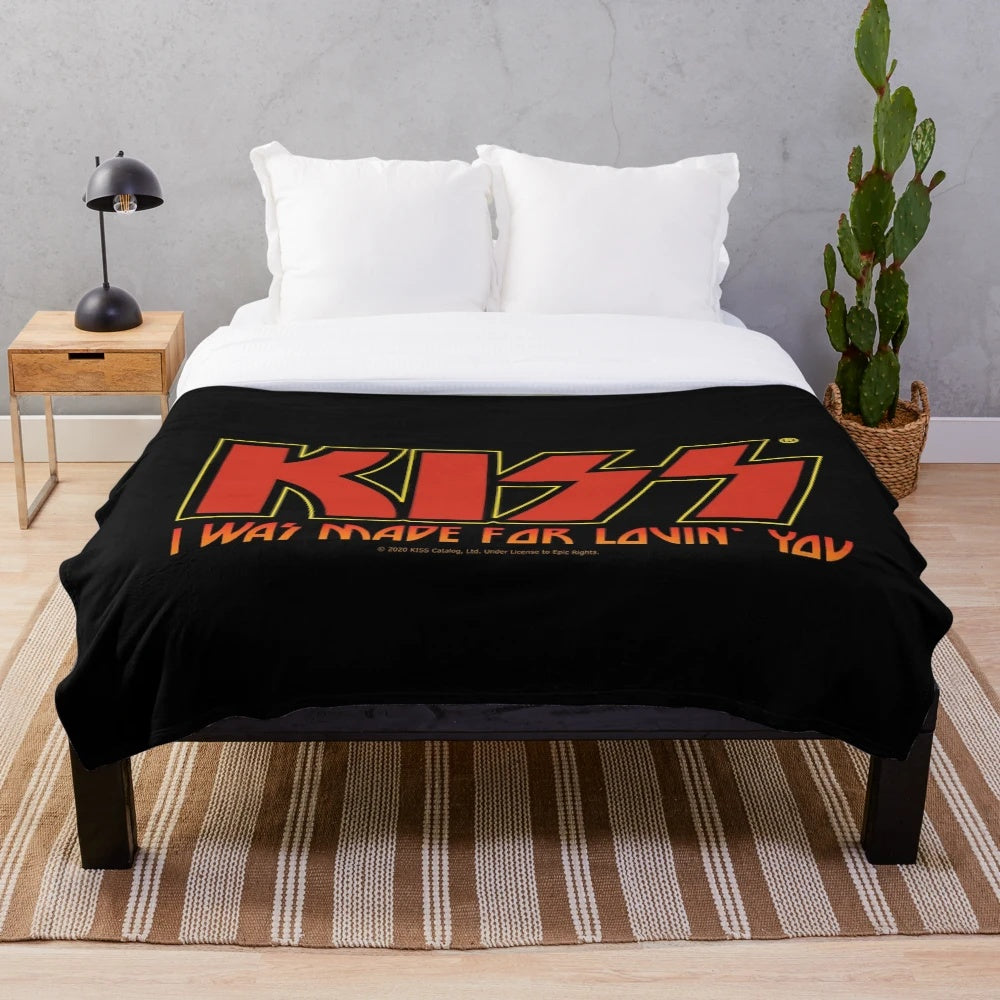 Kiss band inspired plush blanket with "I Was Made for Lovin' You" design