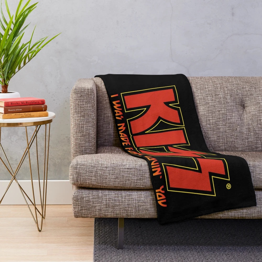 Kiss band inspired plush blanket with "I Was Made for Lovin' You" design
