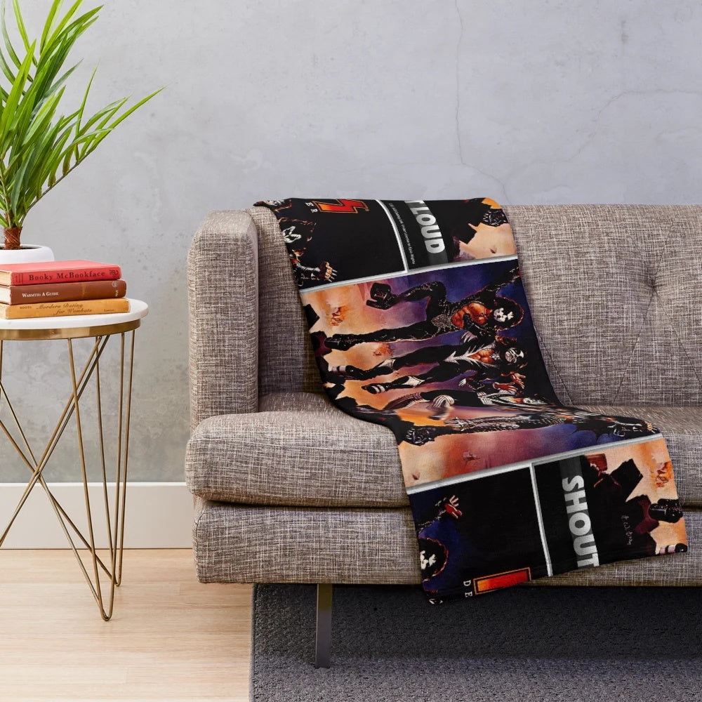 KISS Destroyer-inspired plush blanket featuring the iconic KISS band logo and members