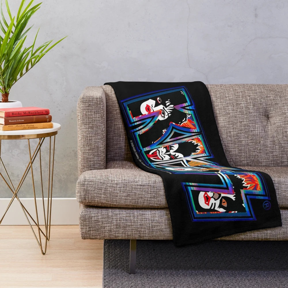 KISS® inspired plush blanket with iconic rock band logo and members