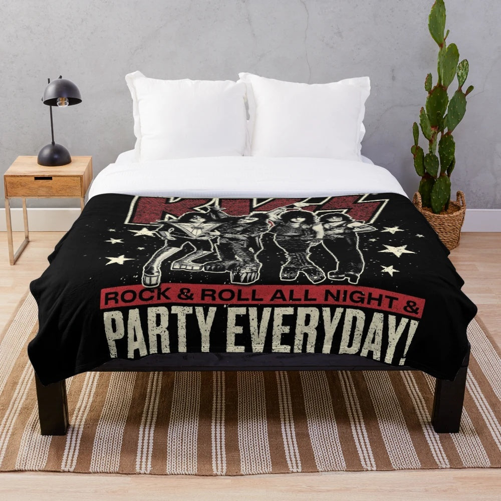 KISS-inspired plush blanket with the band's logo and text