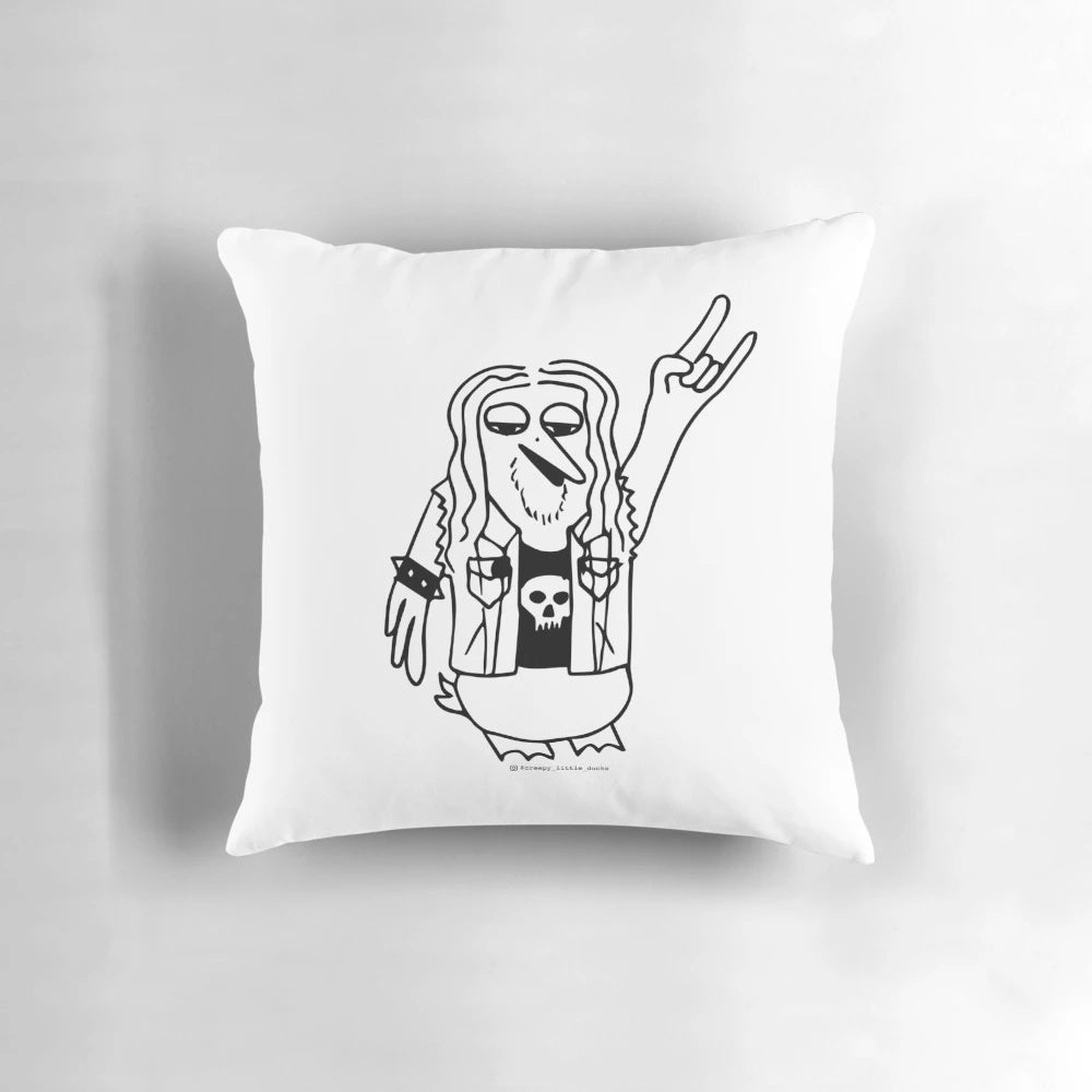 Metalhead duck illustration on a decorative pillow, featuring a caricature of a duck with heavy metal attire and accessories.