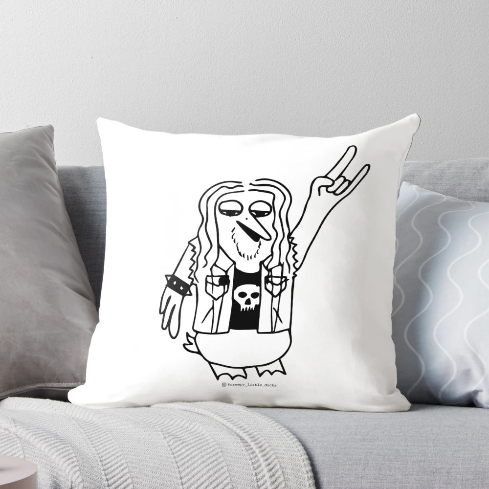 Metalhead duck illustration on a decorative pillow, featuring a caricature of a duck with heavy metal attire and accessories.