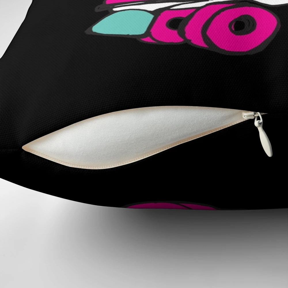 A decorative pillow featuring the phrase "Let the Good Times Roll" in a hand-lettered style, with roller skate illustrations.