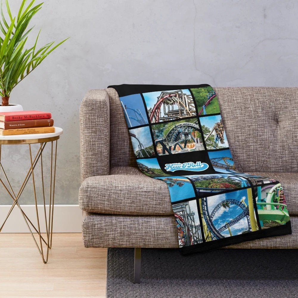 Roller coaster thrill plush blanket with amusement park collage design