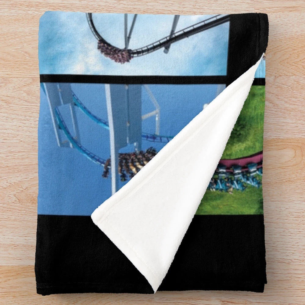 Roller coaster thrill plush blanket with amusement park collage design