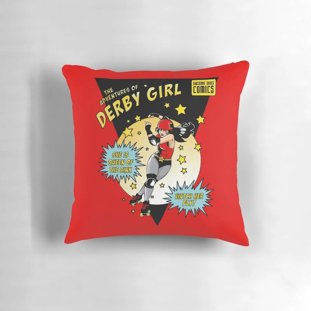 A colorful, illustrated pillow featuring a roller derby girl in a superhero costume.