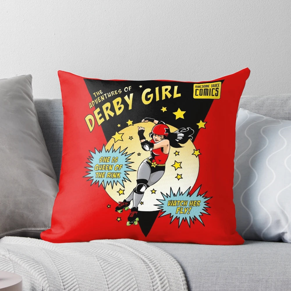 A colorful, illustrated pillow featuring a roller derby girl in a superhero costume.