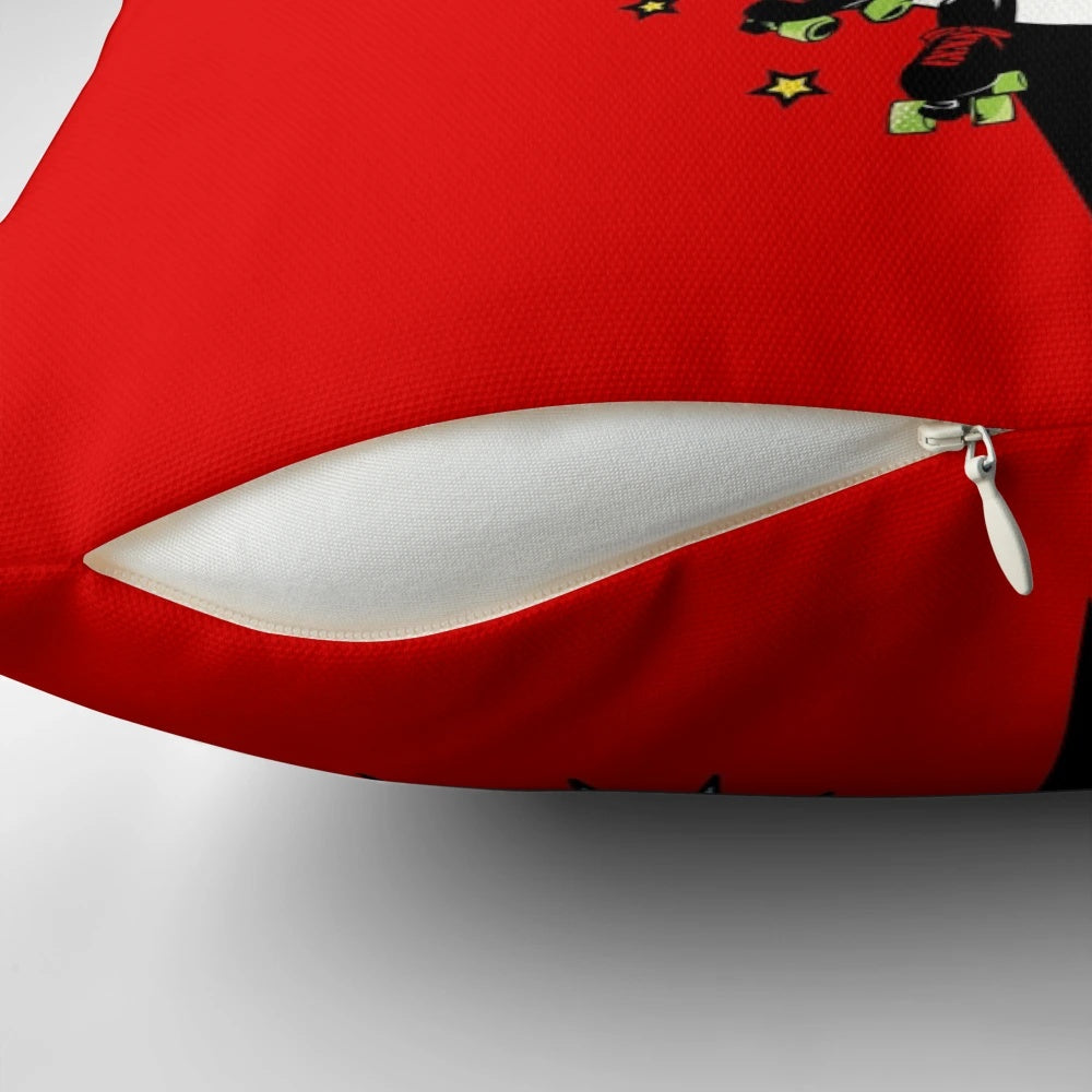 A colorful, illustrated pillow featuring a roller derby girl in a superhero costume.