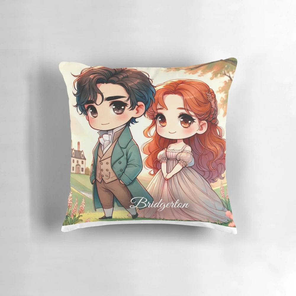 Illustration of Bridgerton characters Colin and Penelope in a romantic countryside setting, depicted in a whimsical chibi art style