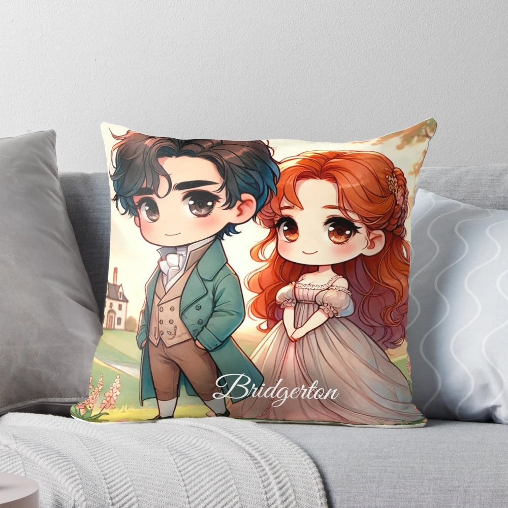 Illustration of Bridgerton characters Colin and Penelope in a romantic countryside setting, depicted in a whimsical chibi art style