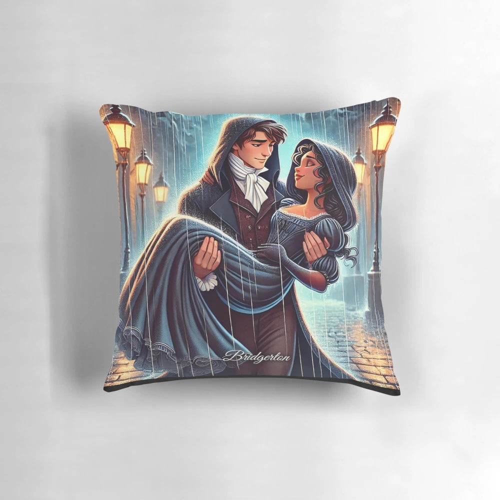 Romantic Bridgerton-inspired pillow featuring Kate and Anthony in a tender embrace under the rain