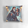 Romantic Bridgerton-inspired pillow featuring Kate and Anthony in a tender embrace under the rain