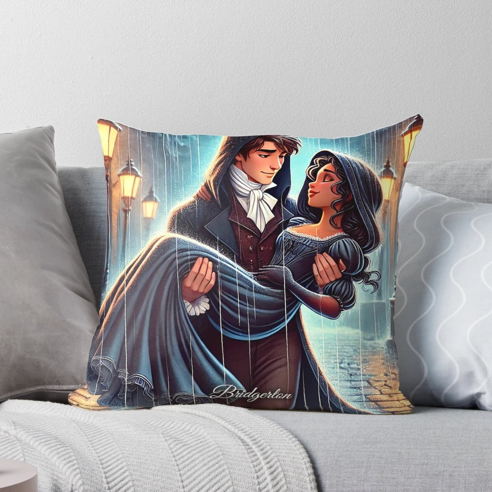 Romantic Bridgerton-inspired pillow featuring Kate and Anthony in a tender embrace under the rain