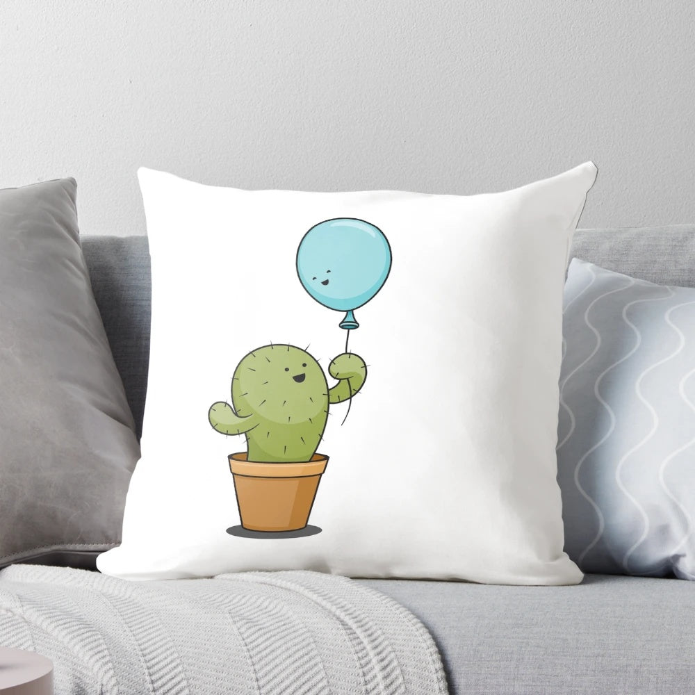 Whimsical pillow featuring a cactus and balloon in a loving embrace, representing true love and soulmates.