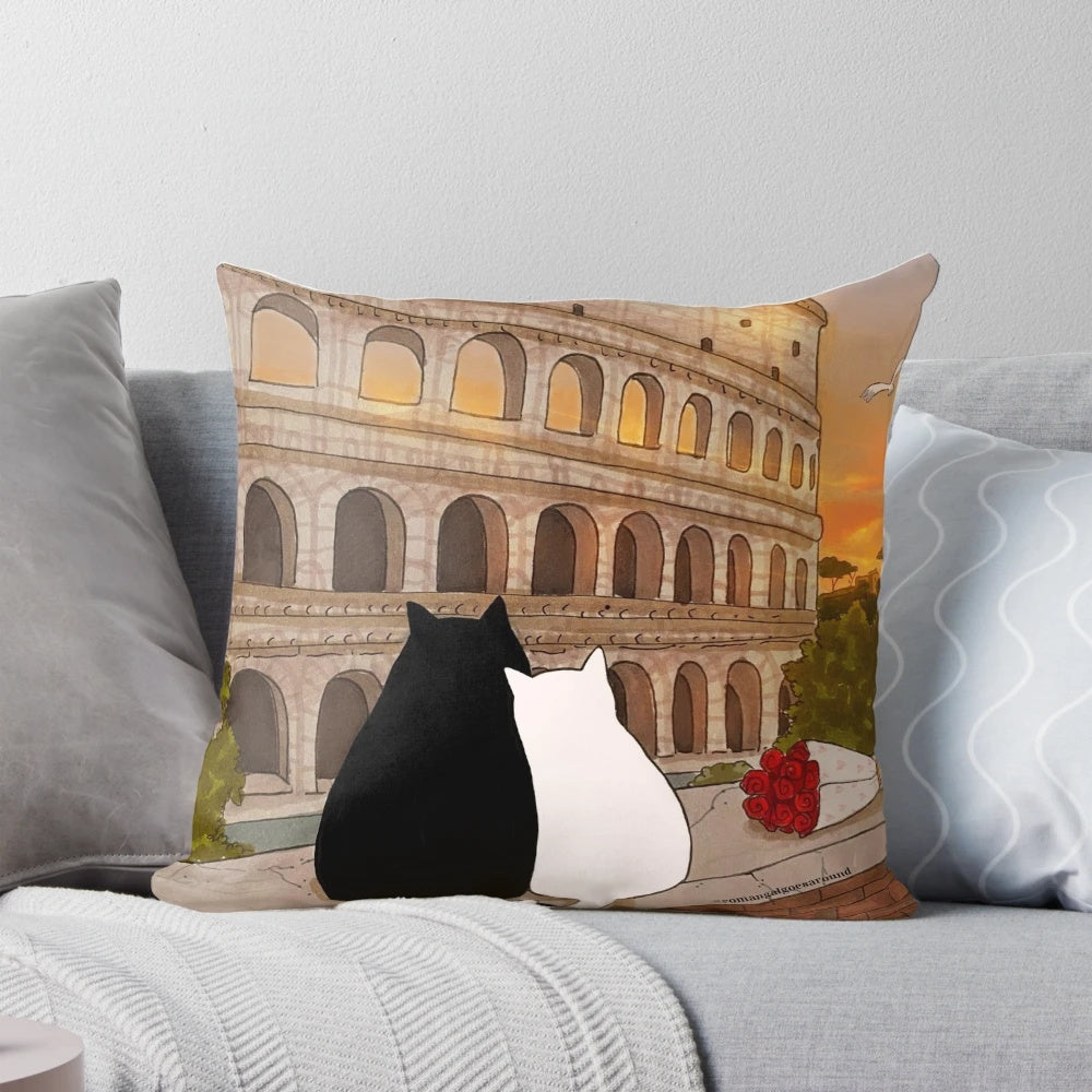 A cozy cat-themed pillow featuring a beautiful sunset view of the iconic Colosseum in Rome, Italy.