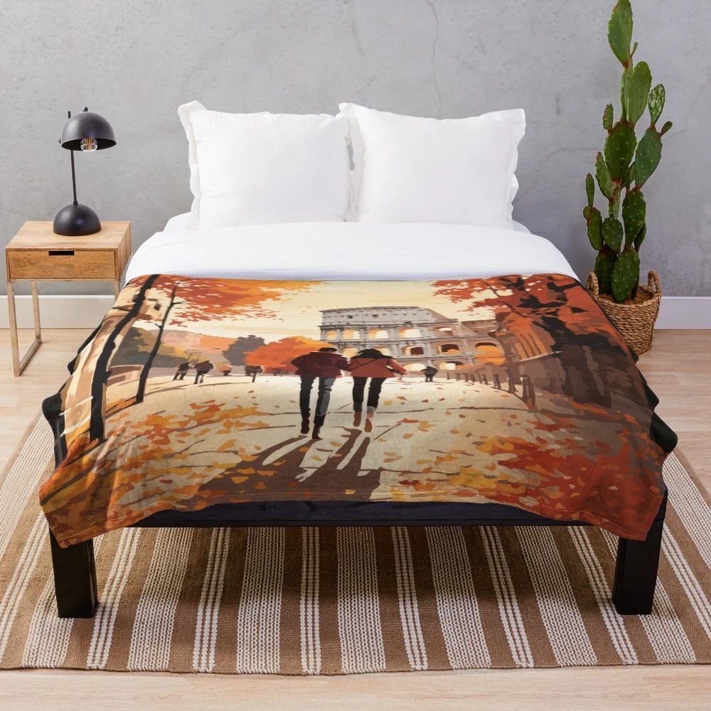 Plush blanket with couple walking through a picturesque Italian cityscape