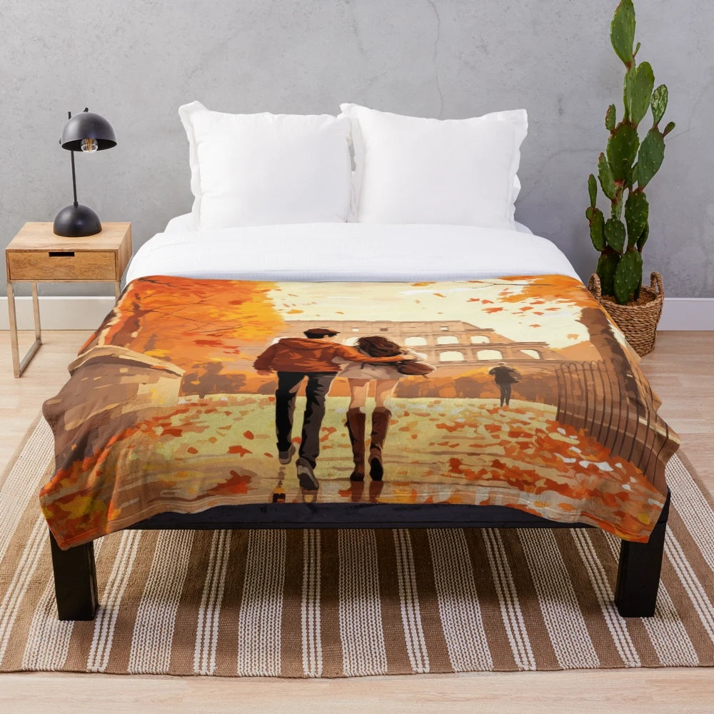 Couple embracing in front of historic Roman architecture with sunset in background on plush blanket