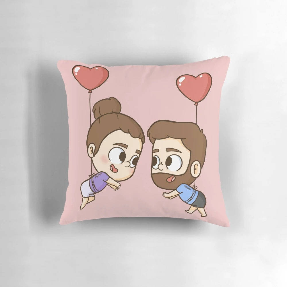 Romantic decorative pillow featuring a couple and heart shaped balloons