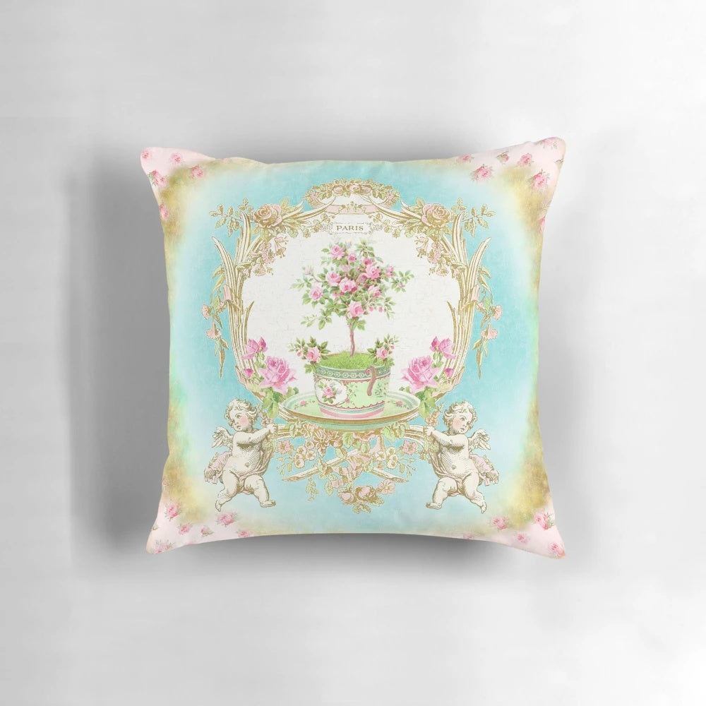 A luxurious French baroque-style tea pillow featuring cherubs, roses, and a delicate topiary design, perfect for adding a touch of Parisian elegance to your home.