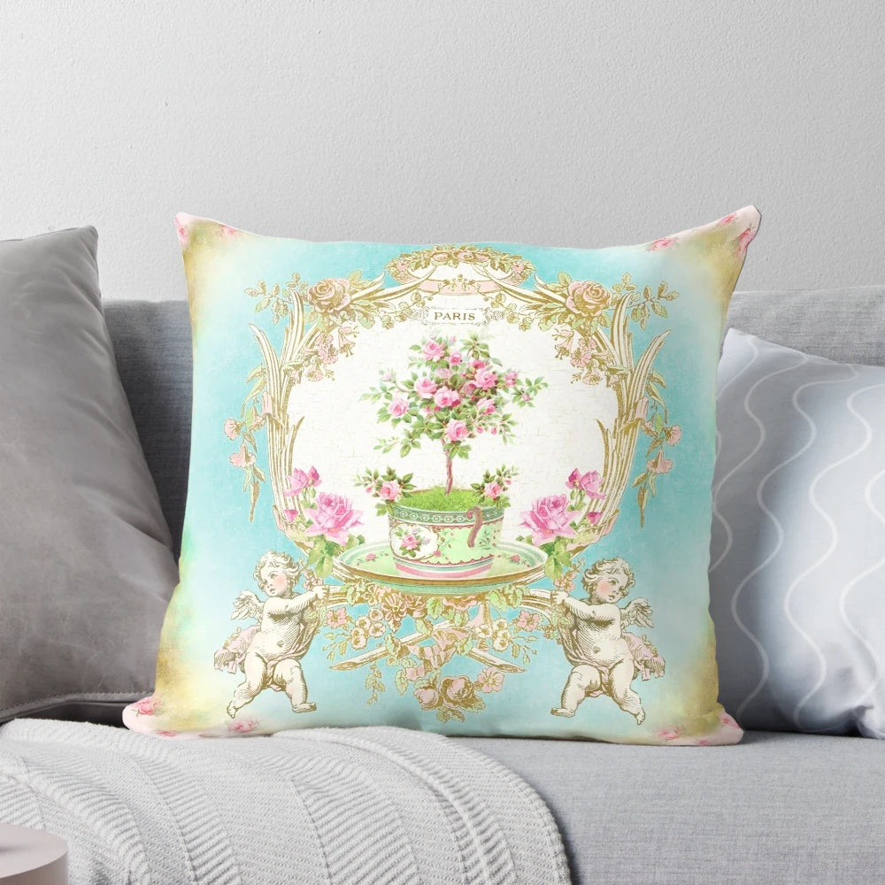 A luxurious French baroque-style tea pillow featuring cherubs, roses, and a delicate topiary design, perfect for adding a touch of Parisian elegance to your home.