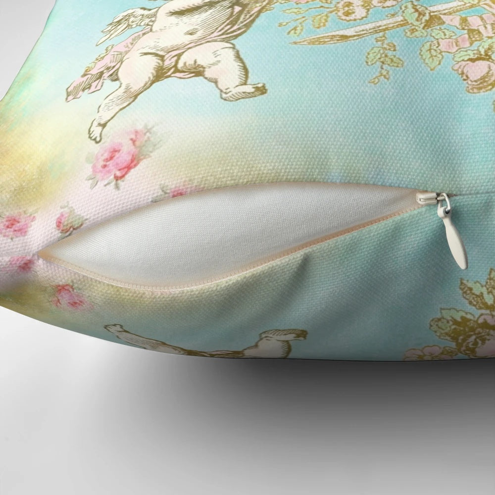A luxurious French baroque-style tea pillow featuring cherubs, roses, and a delicate topiary design, perfect for adding a touch of Parisian elegance to your home.