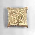 Vibrant and beautiful pillow featuring Gustav Klimt's iconic "Tree of Life" artwork, showcasing romantic kissing lovers in an intricate art nouveau design.