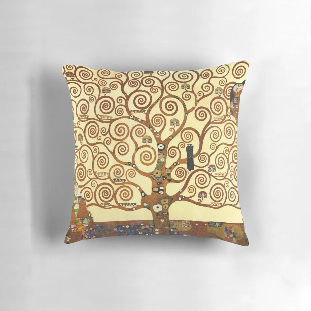 Vibrant and beautiful pillow featuring Gustav Klimt's iconic "Tree of Life" artwork, showcasing romantic kissing lovers in an intricate art nouveau design.