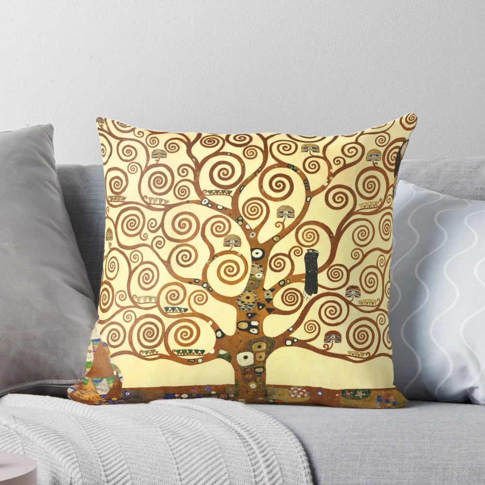 Vibrant and beautiful pillow featuring Gustav Klimt's iconic "Tree of Life" artwork, showcasing romantic kissing lovers in an intricate art nouveau design.