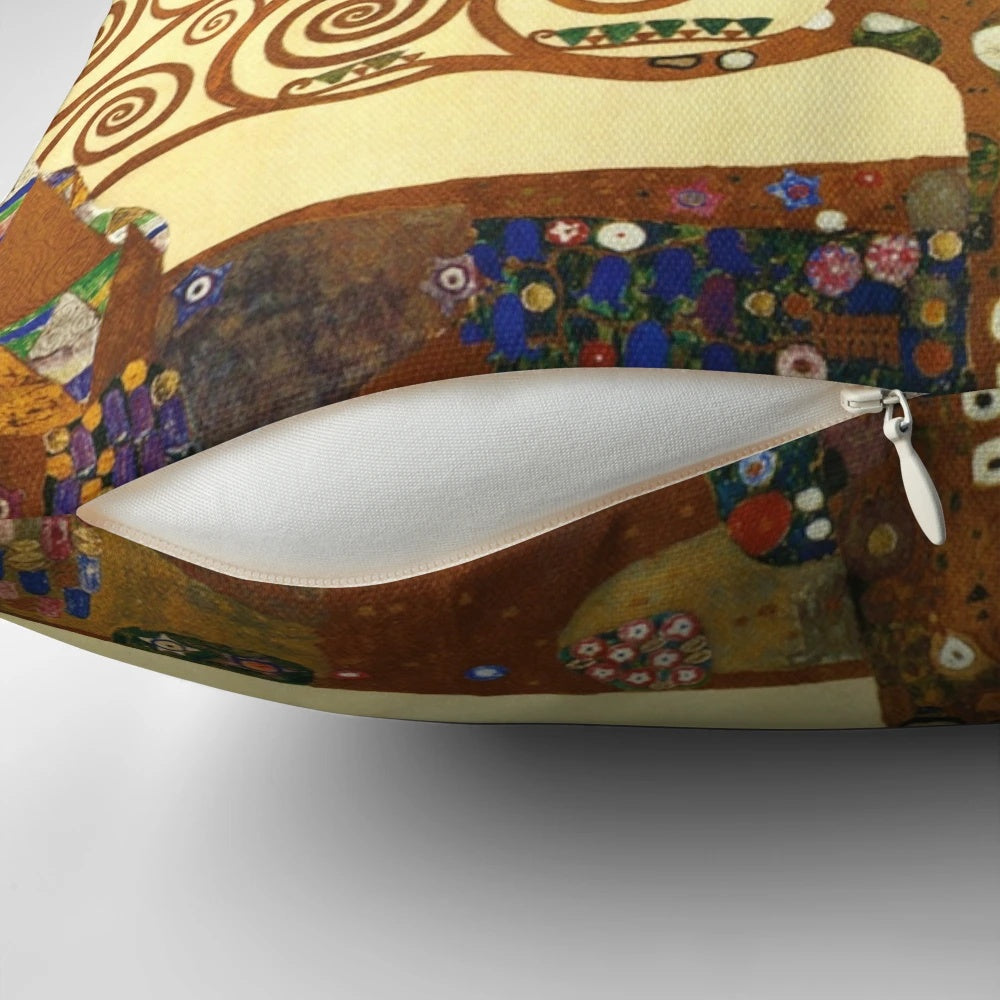 Vibrant and beautiful pillow featuring Gustav Klimt's iconic "Tree of Life" artwork, showcasing romantic kissing lovers in an intricate art nouveau design.
