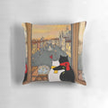 A romantic pillow featuring a scenic window view of a piazza in Italy with a sunset and cats.