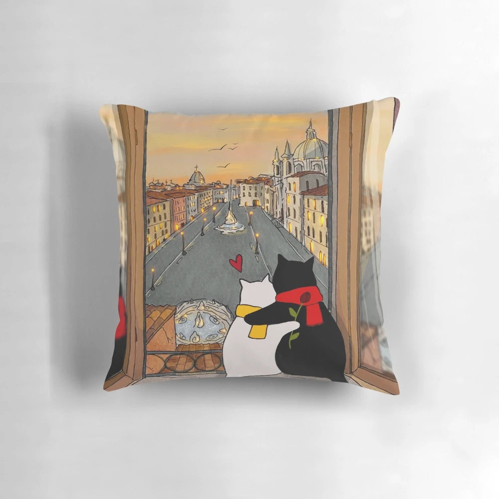 A romantic pillow featuring a scenic window view of a piazza in Italy with a sunset and cats.