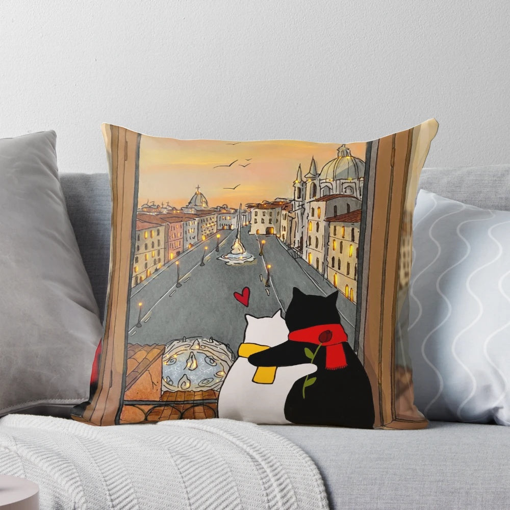 A romantic pillow featuring a scenic window view of a piazza in Italy with a sunset and cats.