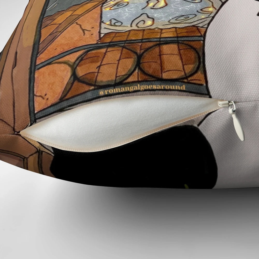 A romantic pillow featuring a scenic window view of a piazza in Italy with a sunset and cats.