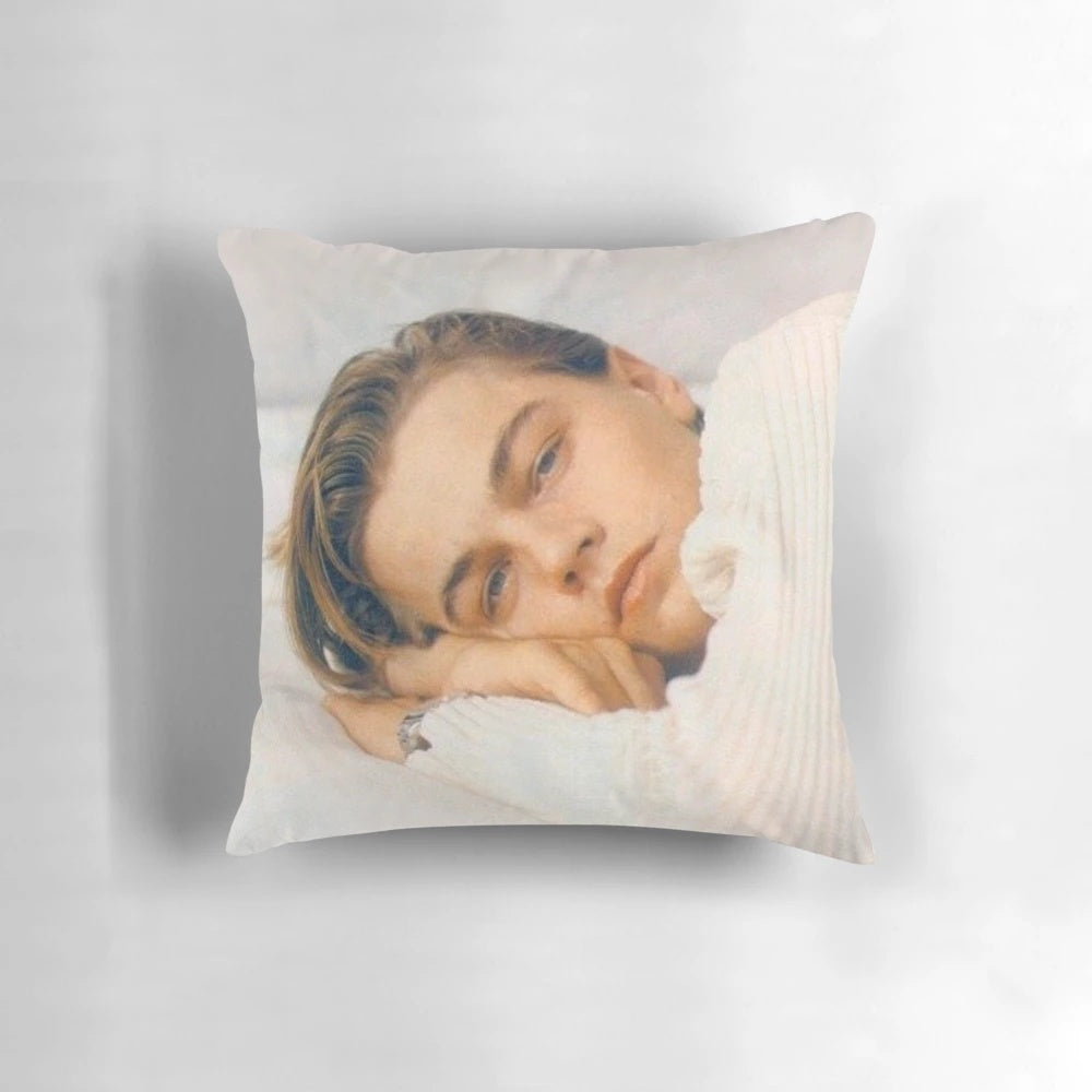 Soft and plush pillow featuring a romantic image of Leonardo DiCaprio, perfect for movie and home decor
