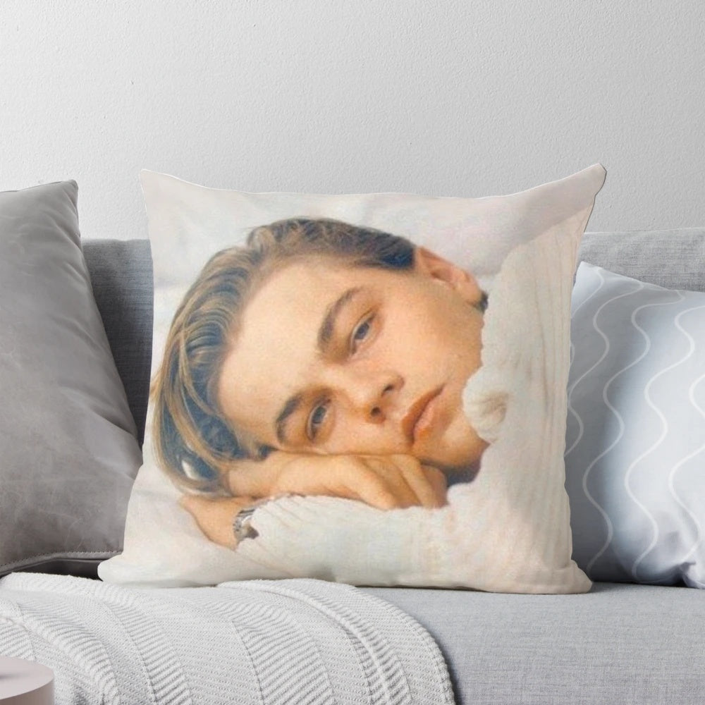 Soft and plush pillow featuring a romantic image of Leonardo DiCaprio, perfect for movie and home decor