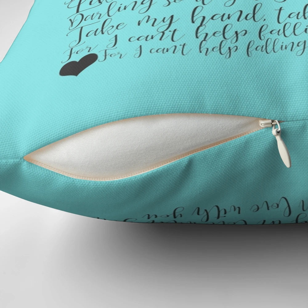 Plush pillow featuring the romantic lyrics of Elvis Presley's classic song "I Can't Help Falling in Love"