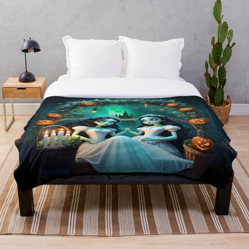 Plush blanket featuring lesbian undead brides in an autumn setting