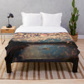Plush blanket with scenic design of flying wish lanterns in a romantic sky landscape