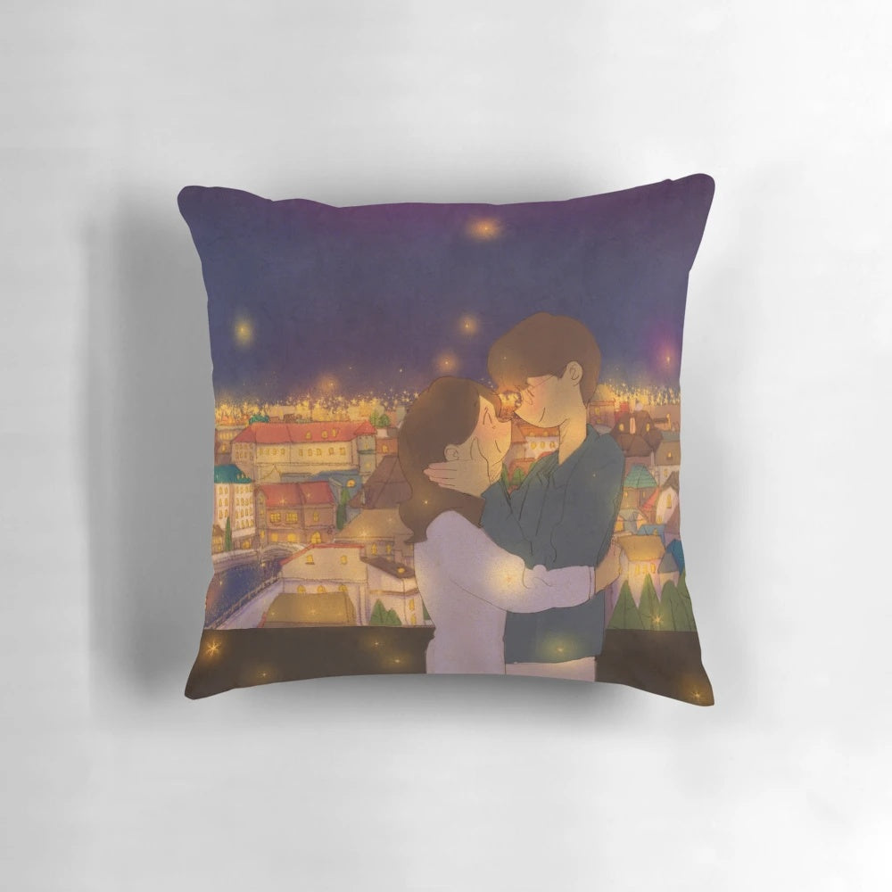 Puuung illustration of a romantic couple in a scenic landscape, printed on a soft, comfortable pillow.