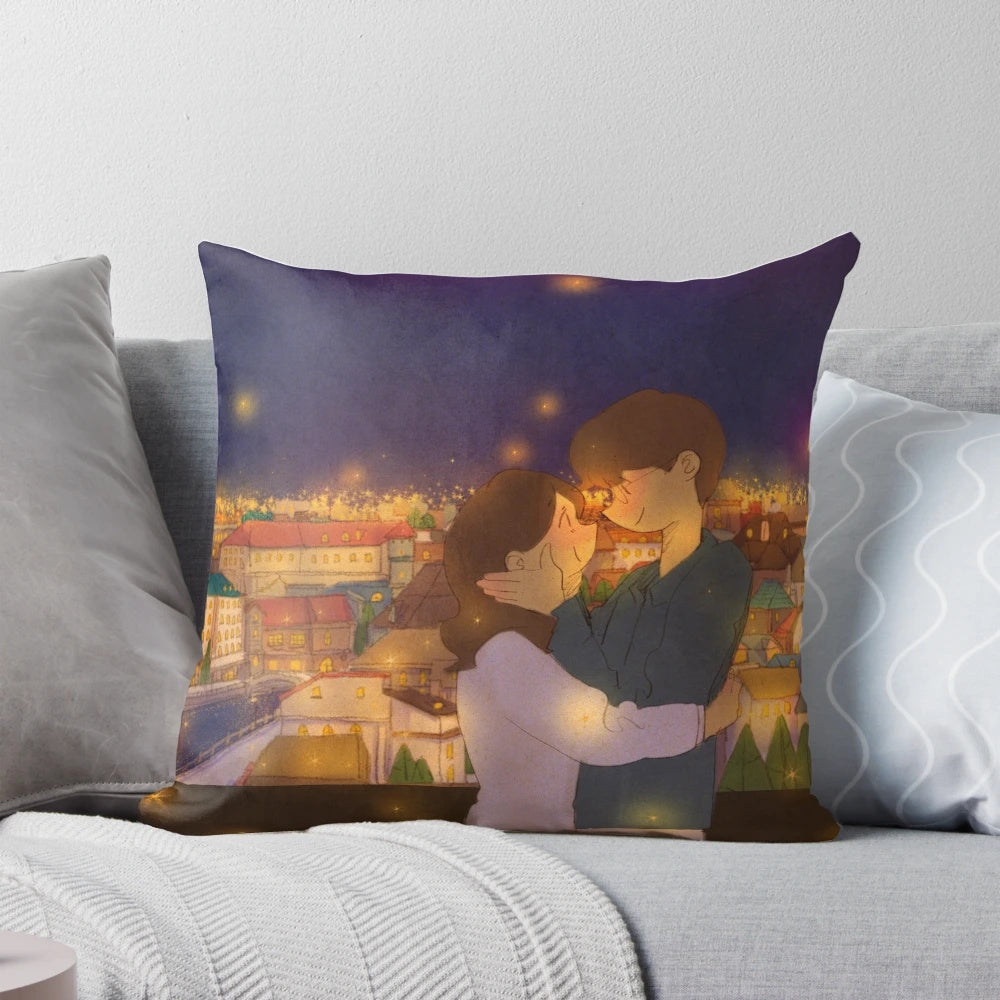 Puuung illustration of a romantic couple in a scenic landscape, printed on a soft, comfortable pillow.