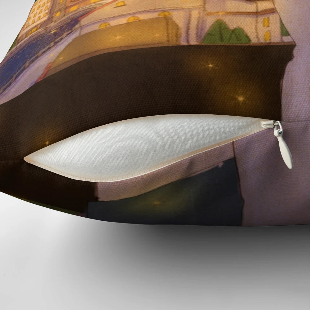 Puuung illustration of a romantic couple in a scenic landscape, printed on a soft, comfortable pillow.