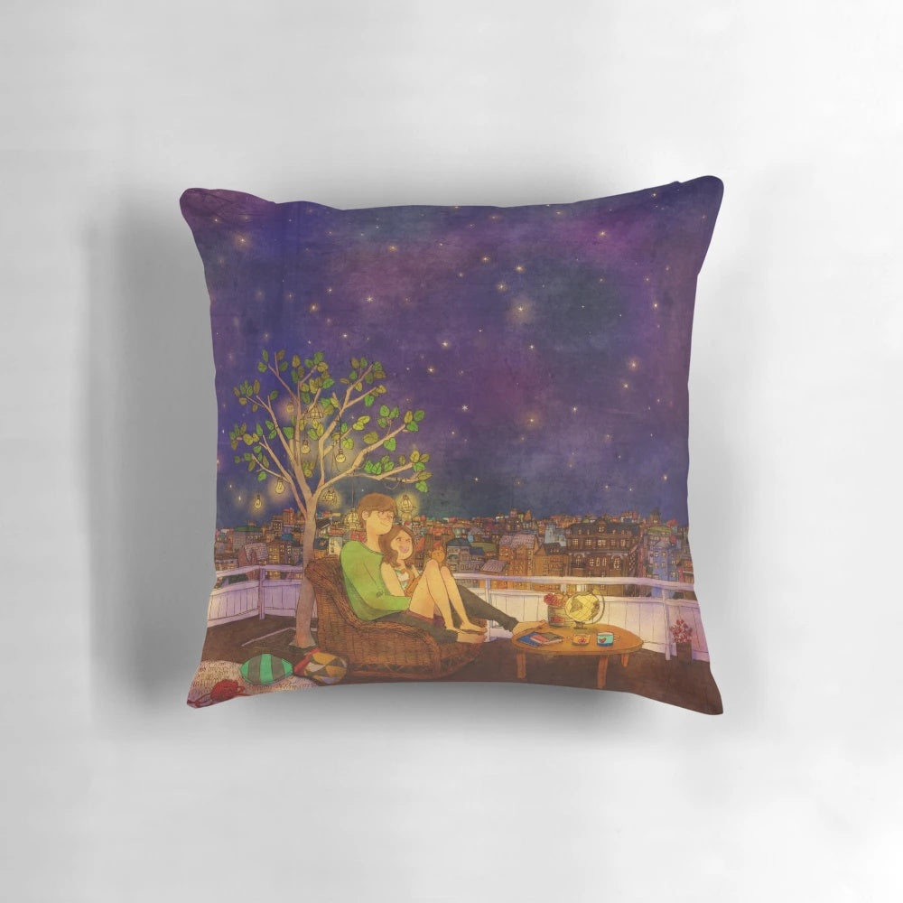 Puuung illustration depicting a romantic, cozy landscape scene printed on a soft, comfortable pillow