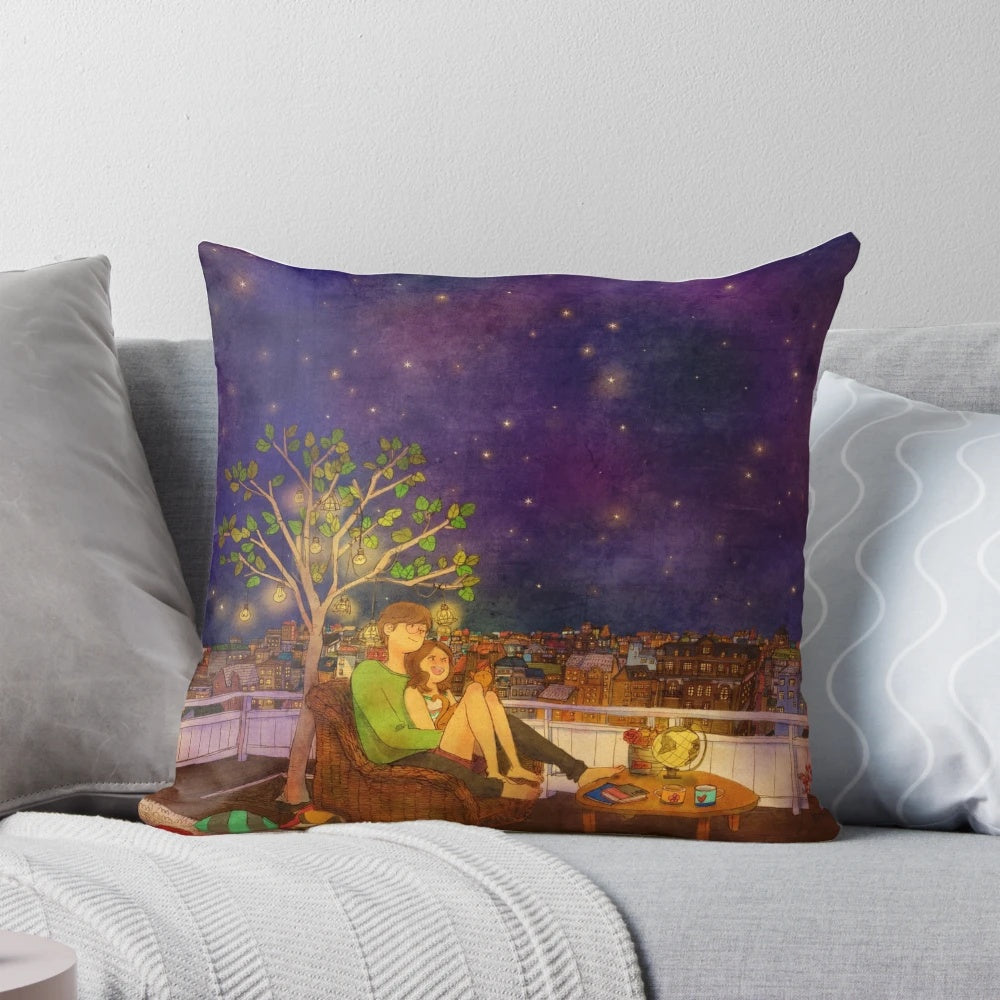 Puuung illustration depicting a romantic, cozy landscape scene printed on a soft, comfortable pillow