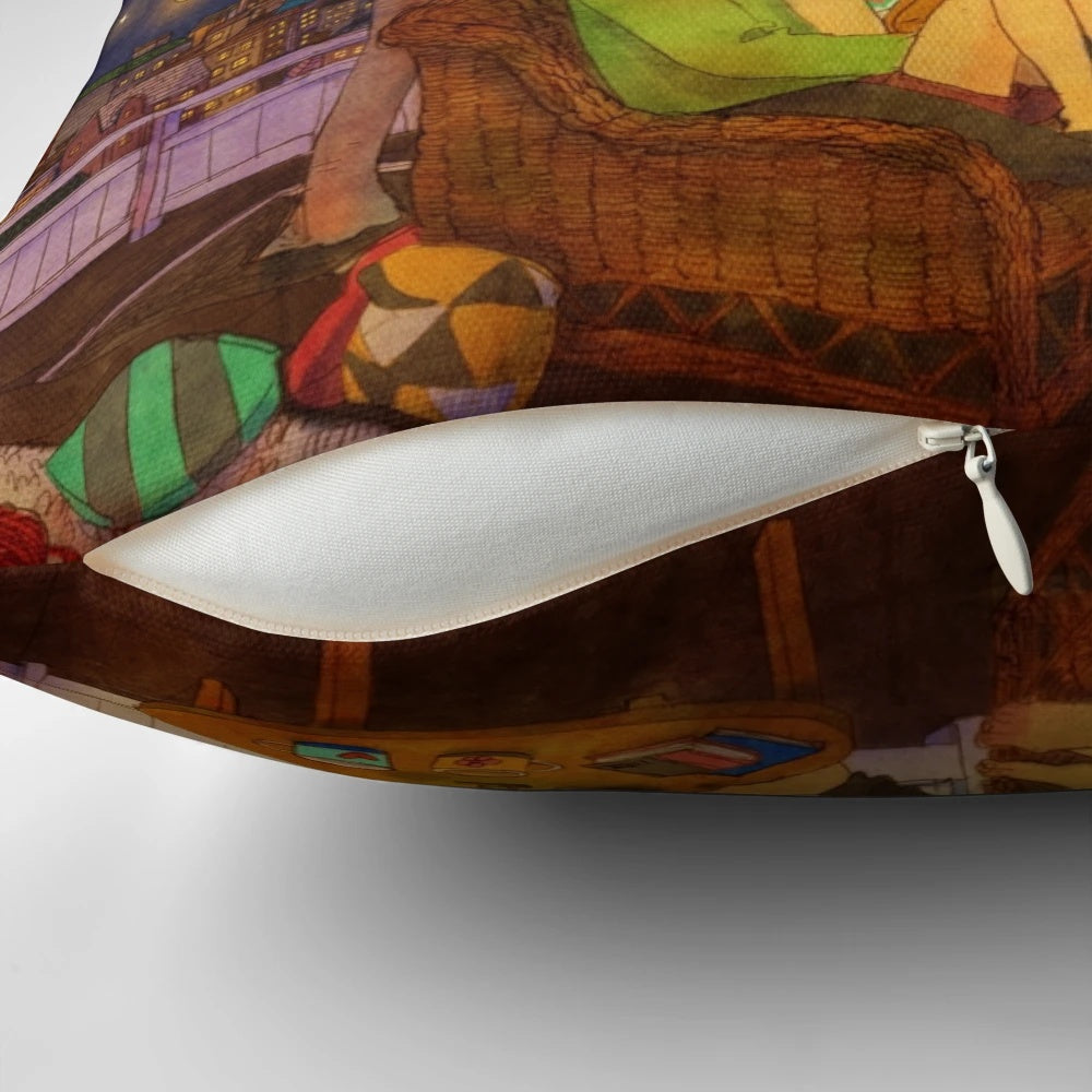 Puuung illustration depicting a romantic, cozy landscape scene printed on a soft, comfortable pillow