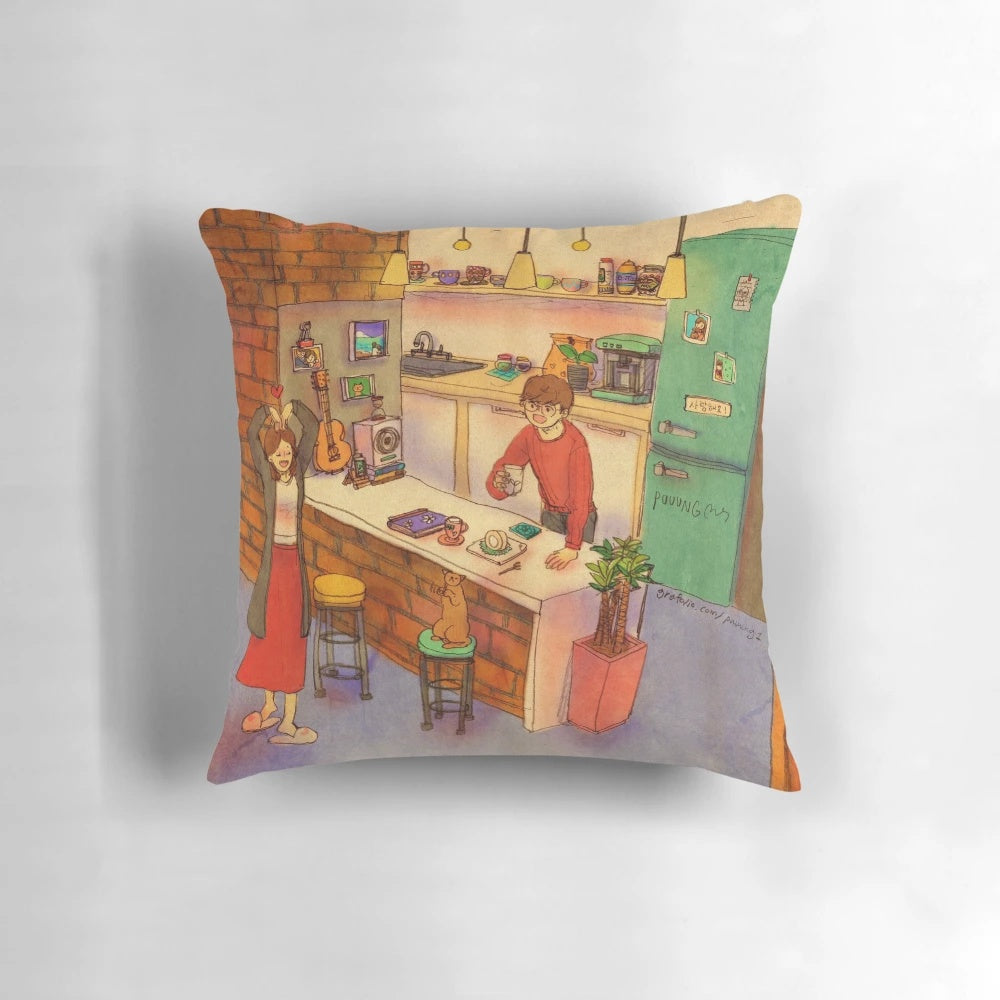 Puuung illustration of a couple dancing in a cozy, romantic scene with a cat