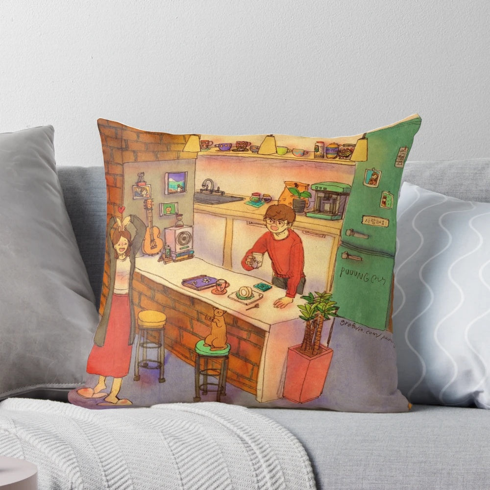 Puuung illustration of a couple dancing in a cozy, romantic scene with a cat